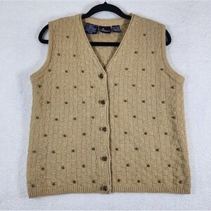 Vtg Liz Sport Knit Vest Sz M Linen Blend Beige w Gold Metallic Thread Preppy